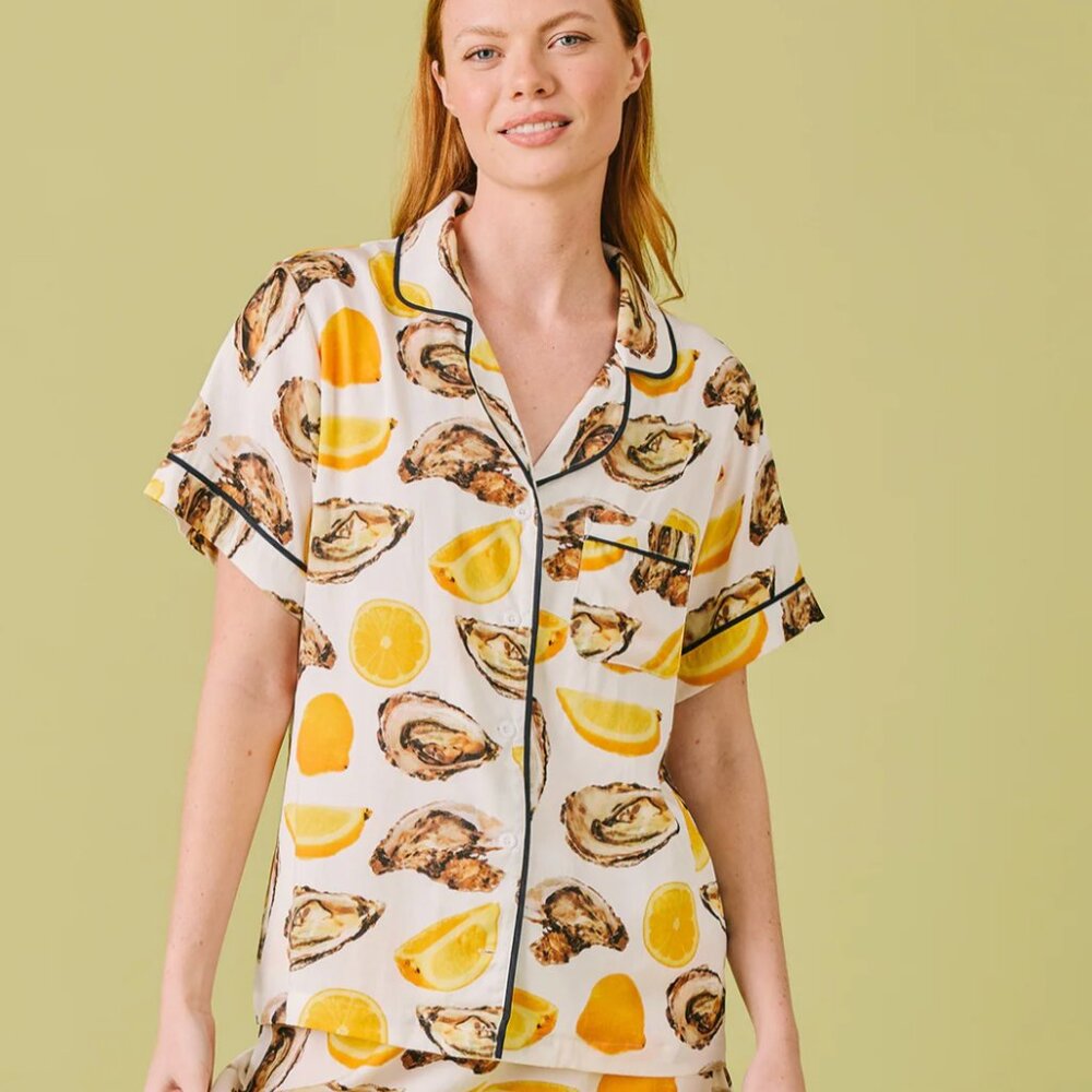 Katie Kime Womens Button Up Pajama Top ONLY Shirt Oysters Lemons Size Medium